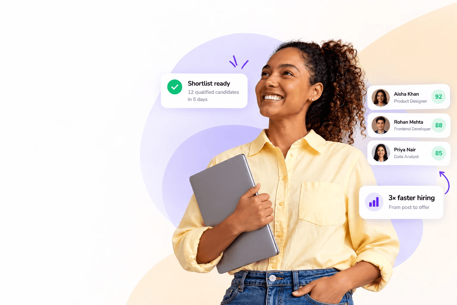 A candidate holding a laptop, with a ready shortlist of three ranked candidates and a 3x faster hiring stat beside her