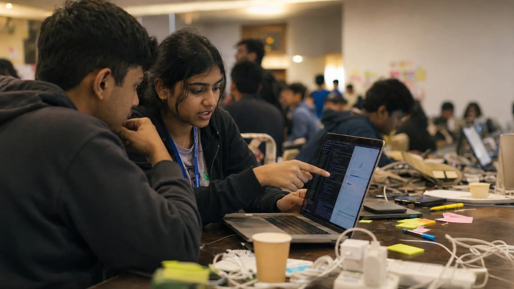 Two people collaborating on a software project at a shared workspace