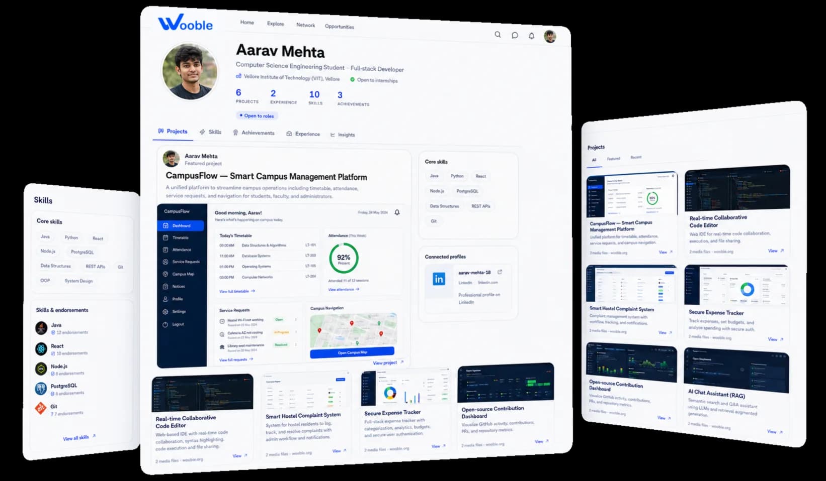 An example Wooble profile for a computer science student, showing a campus management platform as the featured project alongside endorsed skills and further projects.