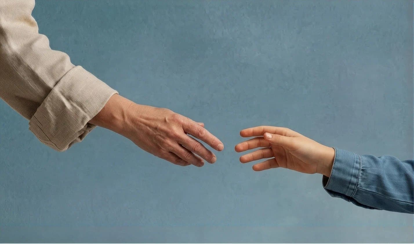 An adult hand and a younger hand reaching toward each other against a blue wall