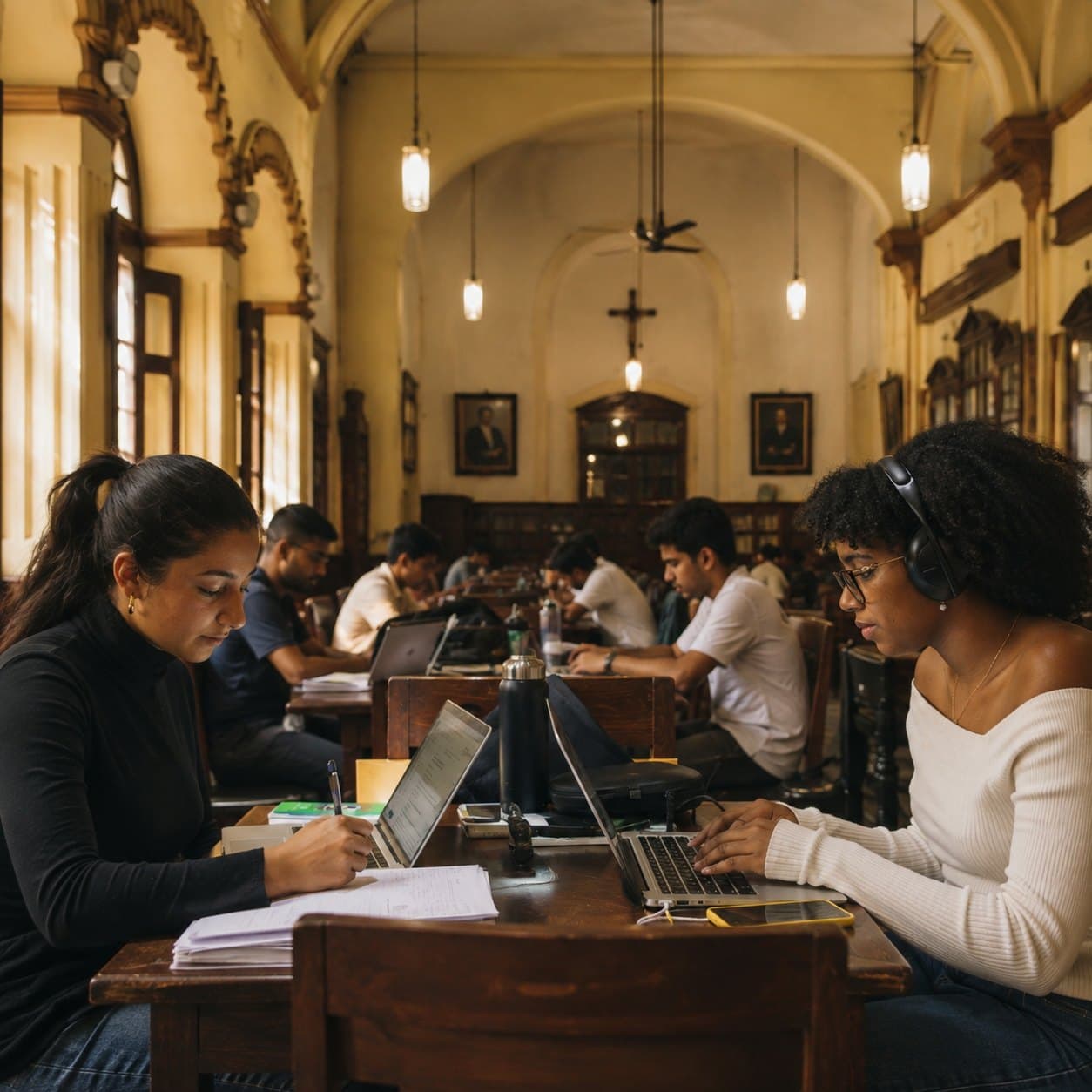 Students working on laptops at long wooden tables in a historic campus library
