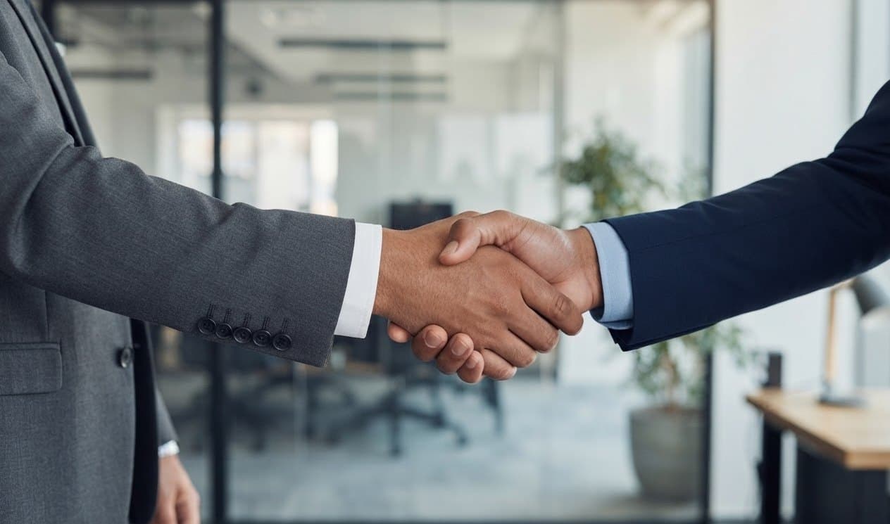 Two people in suits shaking hands in a bright office