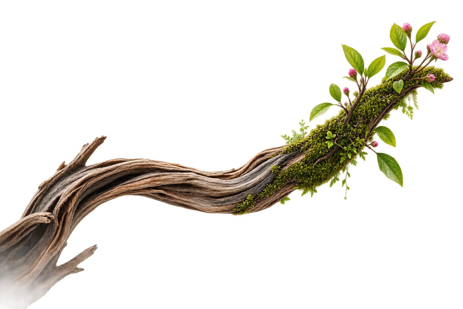 A weathered tree branch covered in new moss, leaves and blossoms