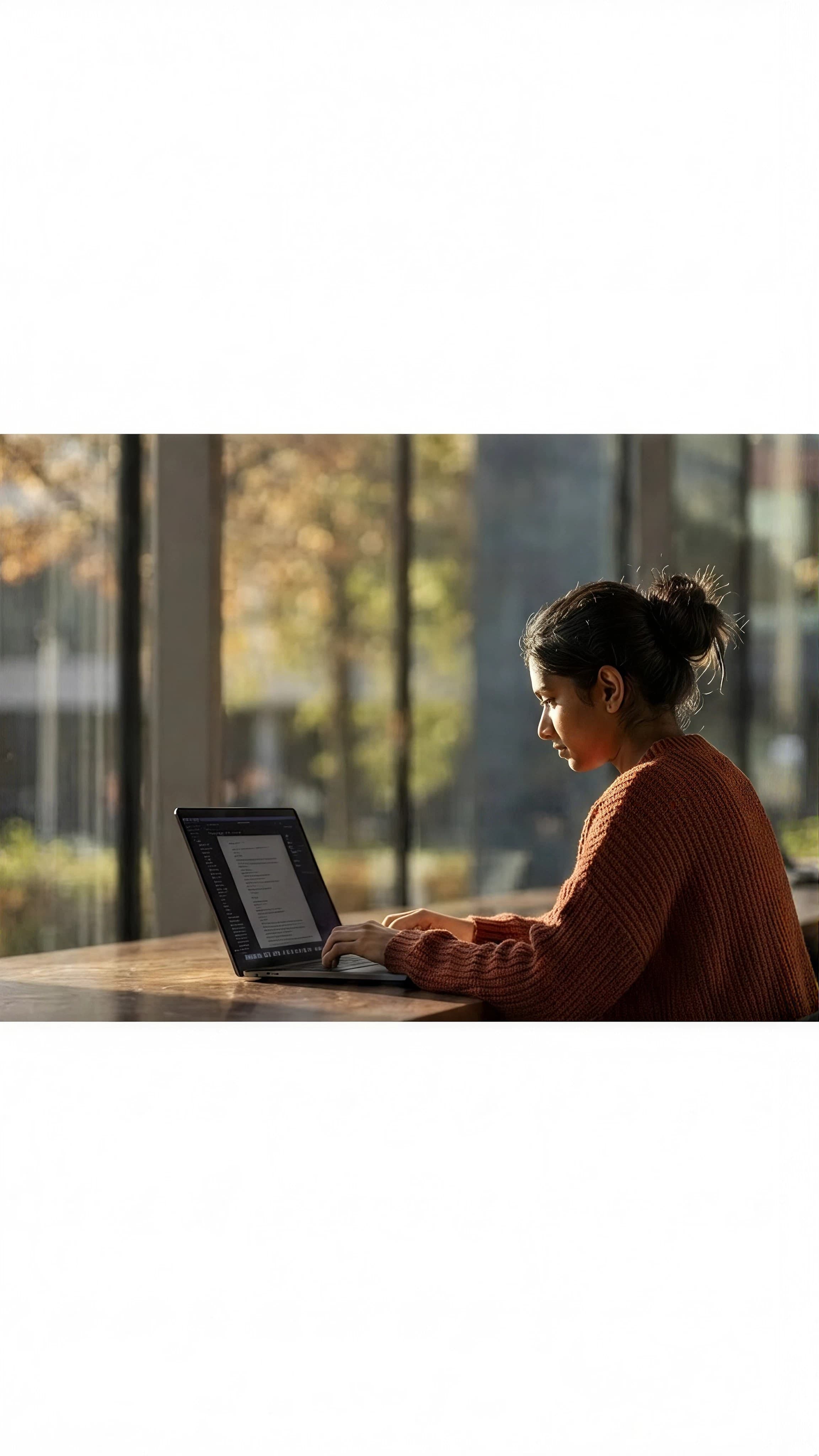 A student in a rust knit sweater working on a laptop at a sunlit campus table