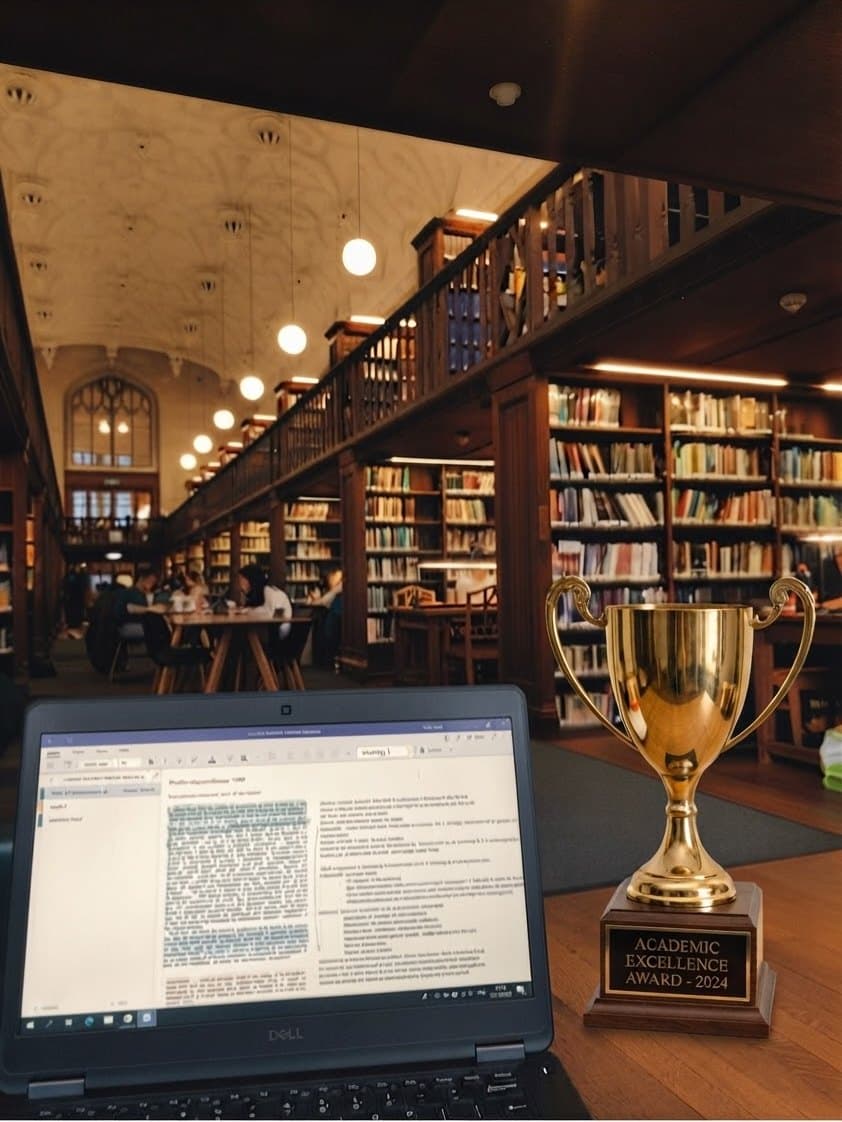 A laptop and an academic excellence trophy on a desk in a wood-panelled campus library