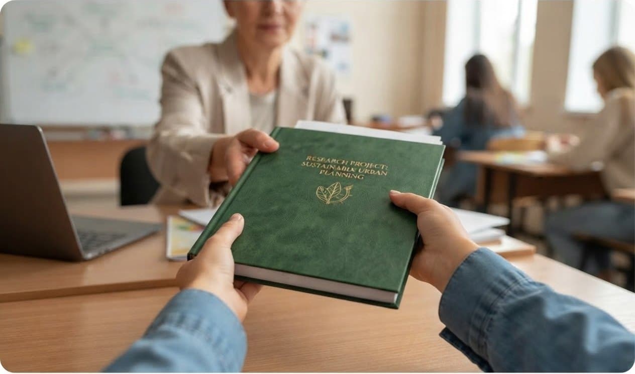 A student handing a bound research project to a faculty member in a classroom