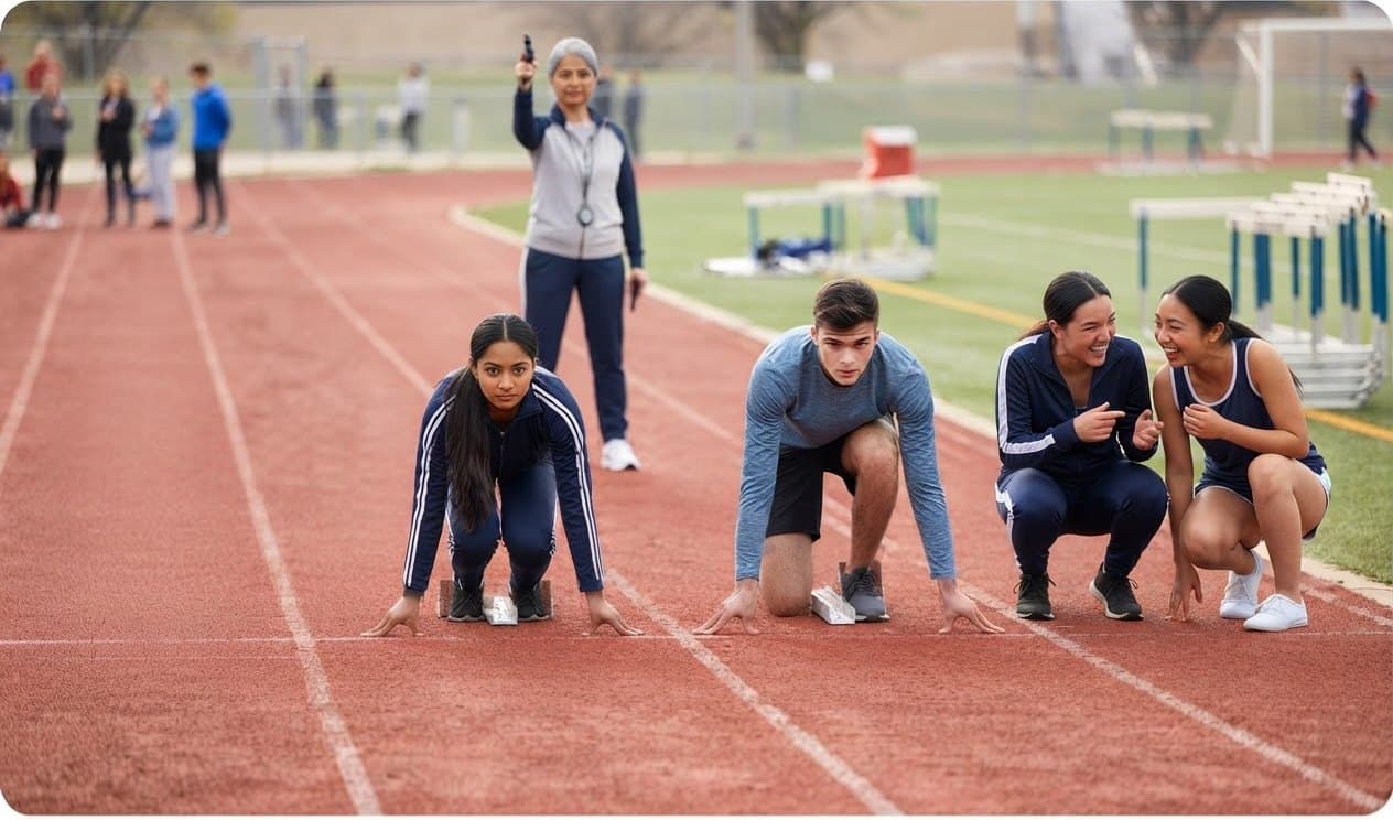 Student athletes crouched at the starting line of a campus running track