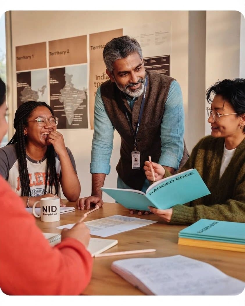 A faculty mentor working with students around a table of notebooks and maps