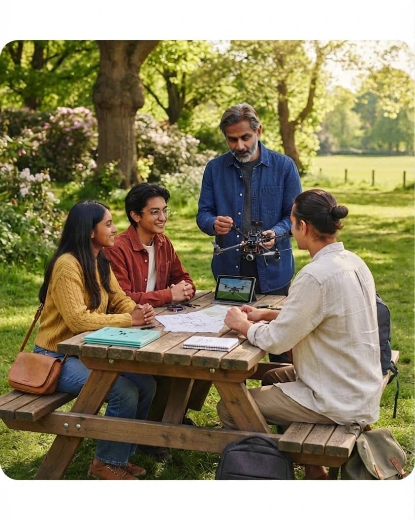 Students and a mentor inspecting a drone at an outdoor campus picnic table
