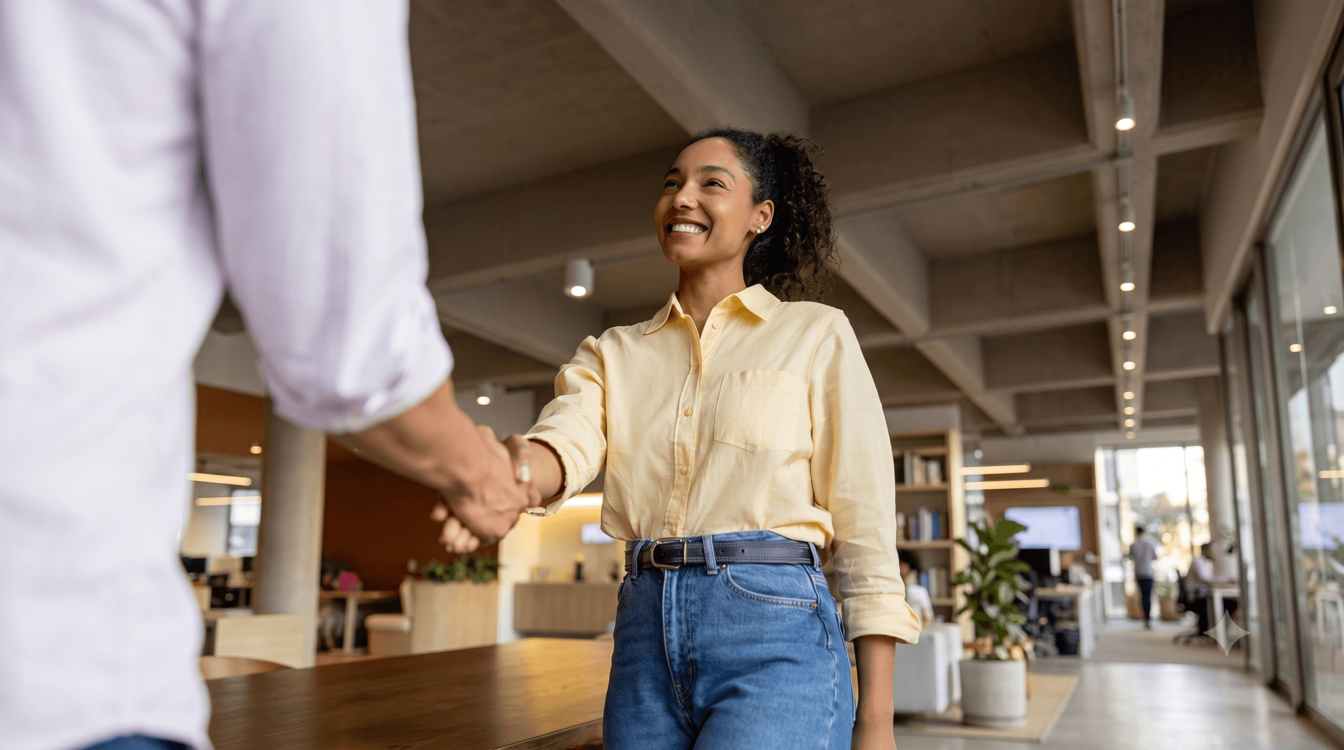 A candidate shaking hands with a colleague in a modern open office